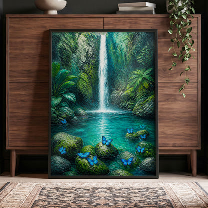 Bluewing Cascade, green, blue, white nature wall art displayed in a styled interior, gallery view 5