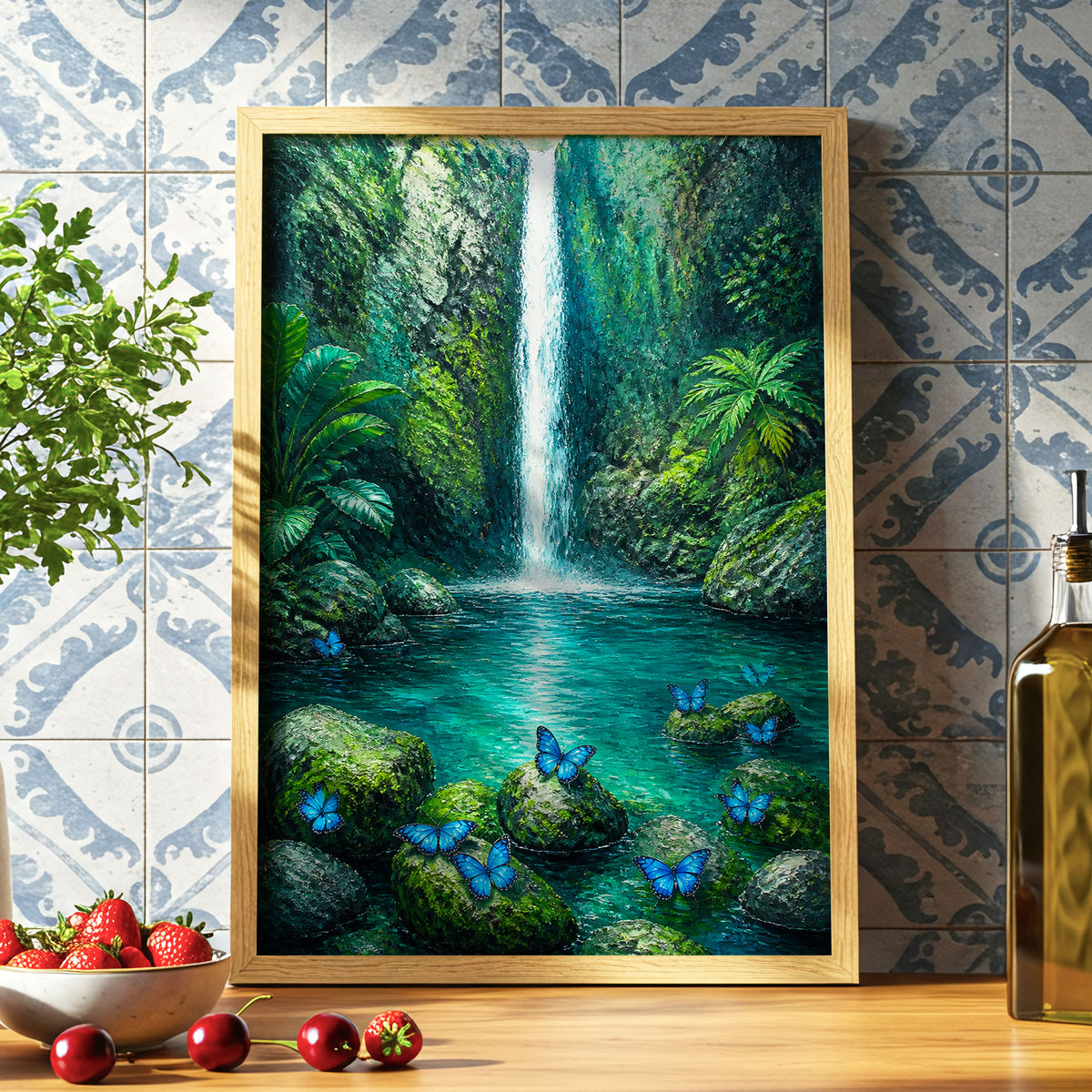 Bluewing Cascade, green, blue, white nature wall art displayed in a styled interior, gallery view 6