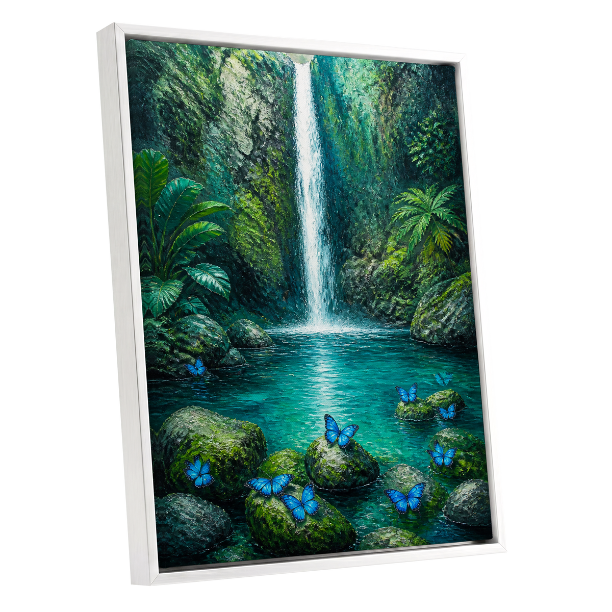 Bluewing Cascade, green, blue, white nature wall art shown as a white framed canvas wall art