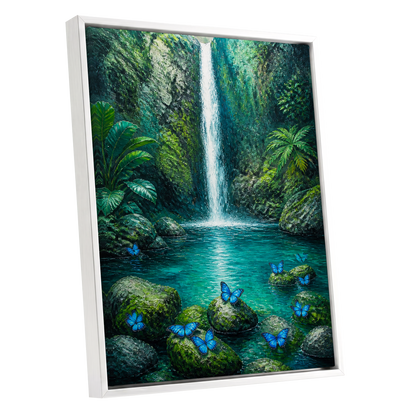Bluewing Cascade, green, blue, white nature wall art shown as a white framed canvas wall art