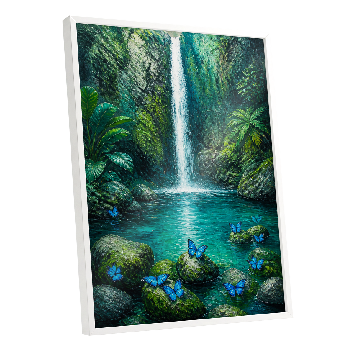 Bluewing Cascade, green, blue, white nature wall art shown as a white framed poster wall art print