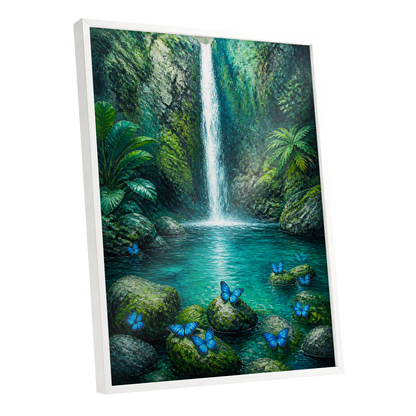 Bluewing Cascade, green, blue, white nature wall art shown as a white framed poster wall art print