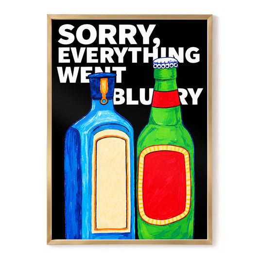 Blurry Night Bottles, black, blue, green minimalist wall art, front artwork view