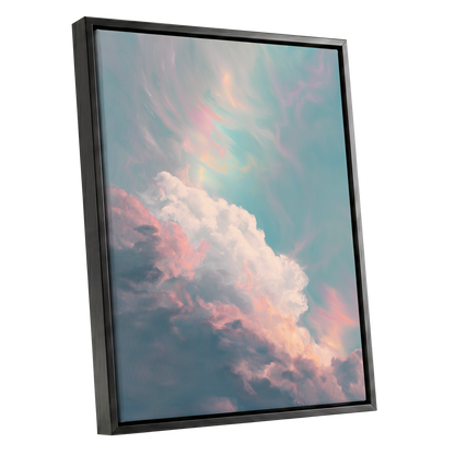 Blush Above the Clouds, blue, pink, white nature wall art shown as a black framed canvas wall art