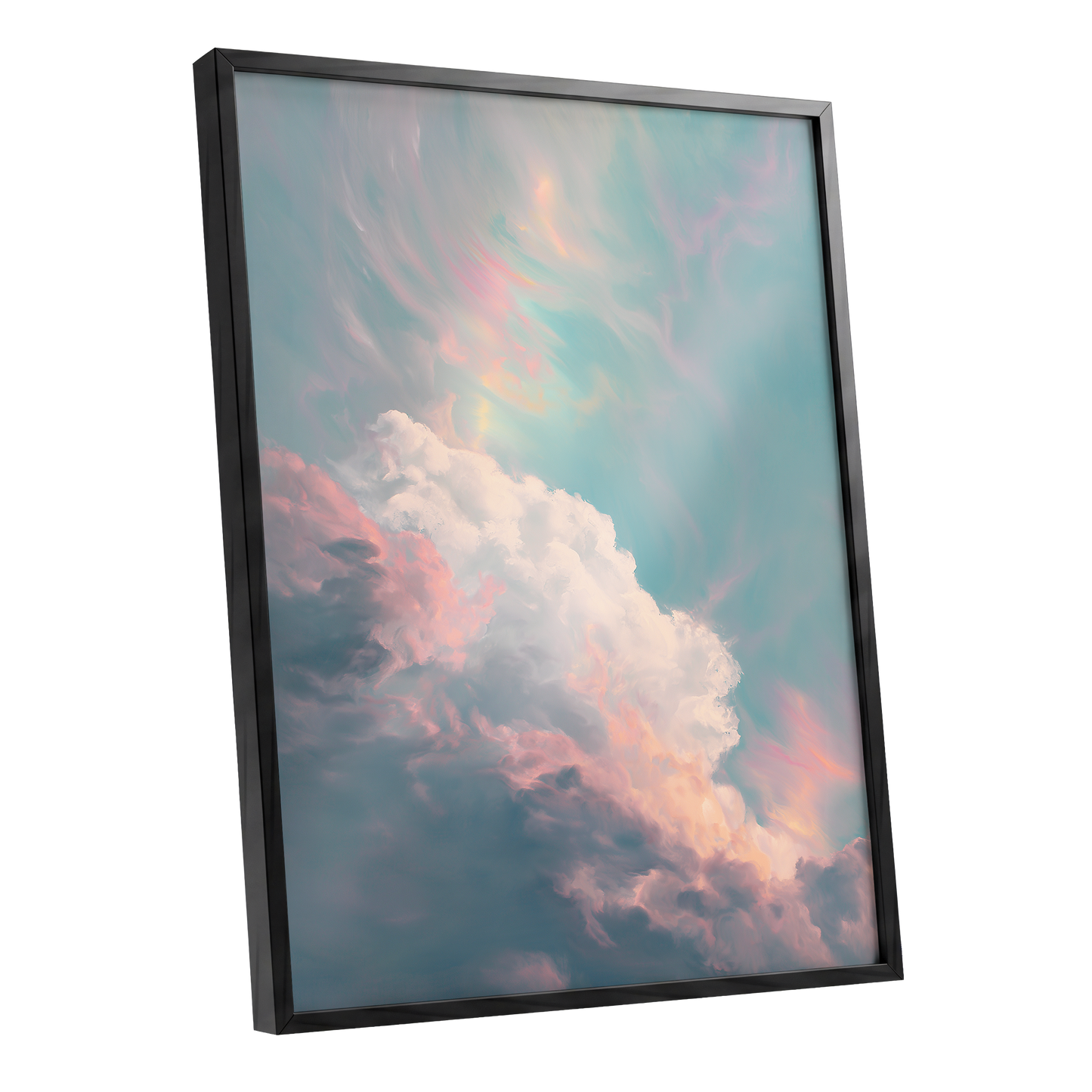 Blush Above the Clouds, blue, pink, white nature wall art shown as a black framed poster wall art print