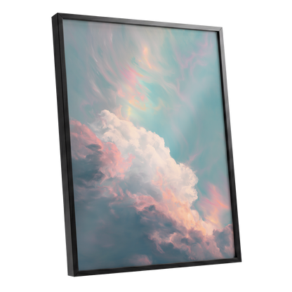 Blush Above the Clouds, blue, pink, white nature wall art shown as a black framed poster wall art print