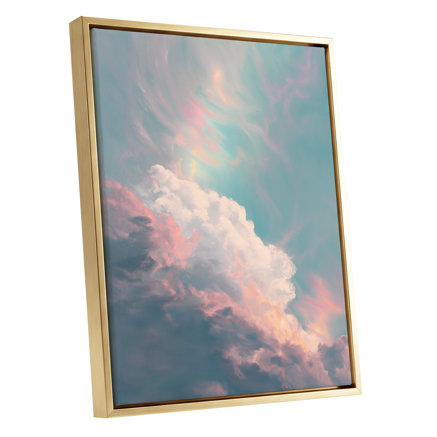Blush Above the Clouds, blue, pink, white nature wall art shown as a gold framed canvas wall art