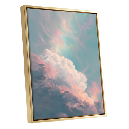 Blush Above the Clouds, blue, pink, white nature wall art shown as a gold framed canvas wall art