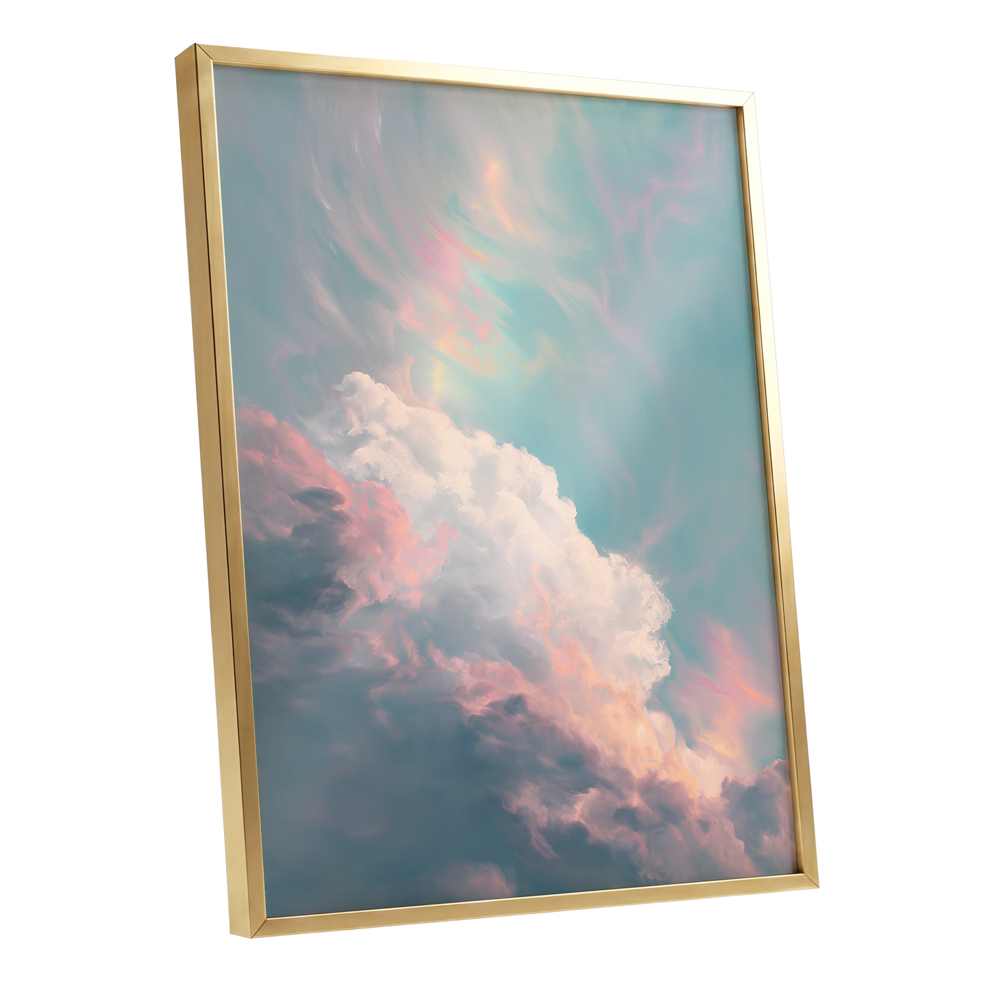 Blush Above the Clouds, blue, pink, white nature wall art shown as a gold framed poster wall art print