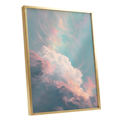 Blush Above the Clouds, blue, pink, white nature wall art shown as a gold framed poster wall art print