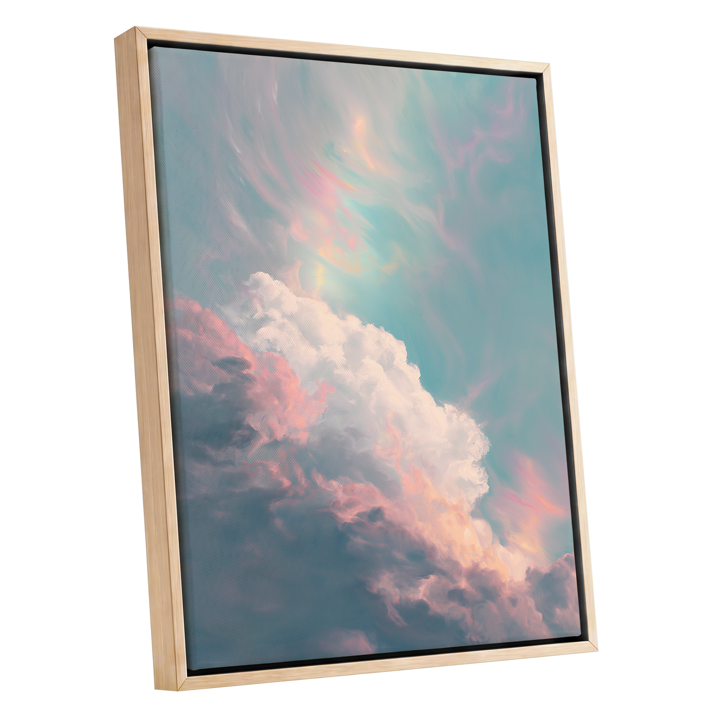 Blush Above the Clouds, blue, pink, white nature wall art shown as a oak framed canvas wall art
