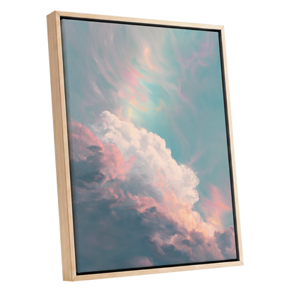 Blush Above the Clouds, blue, pink, white nature wall art shown as a oak framed canvas wall art