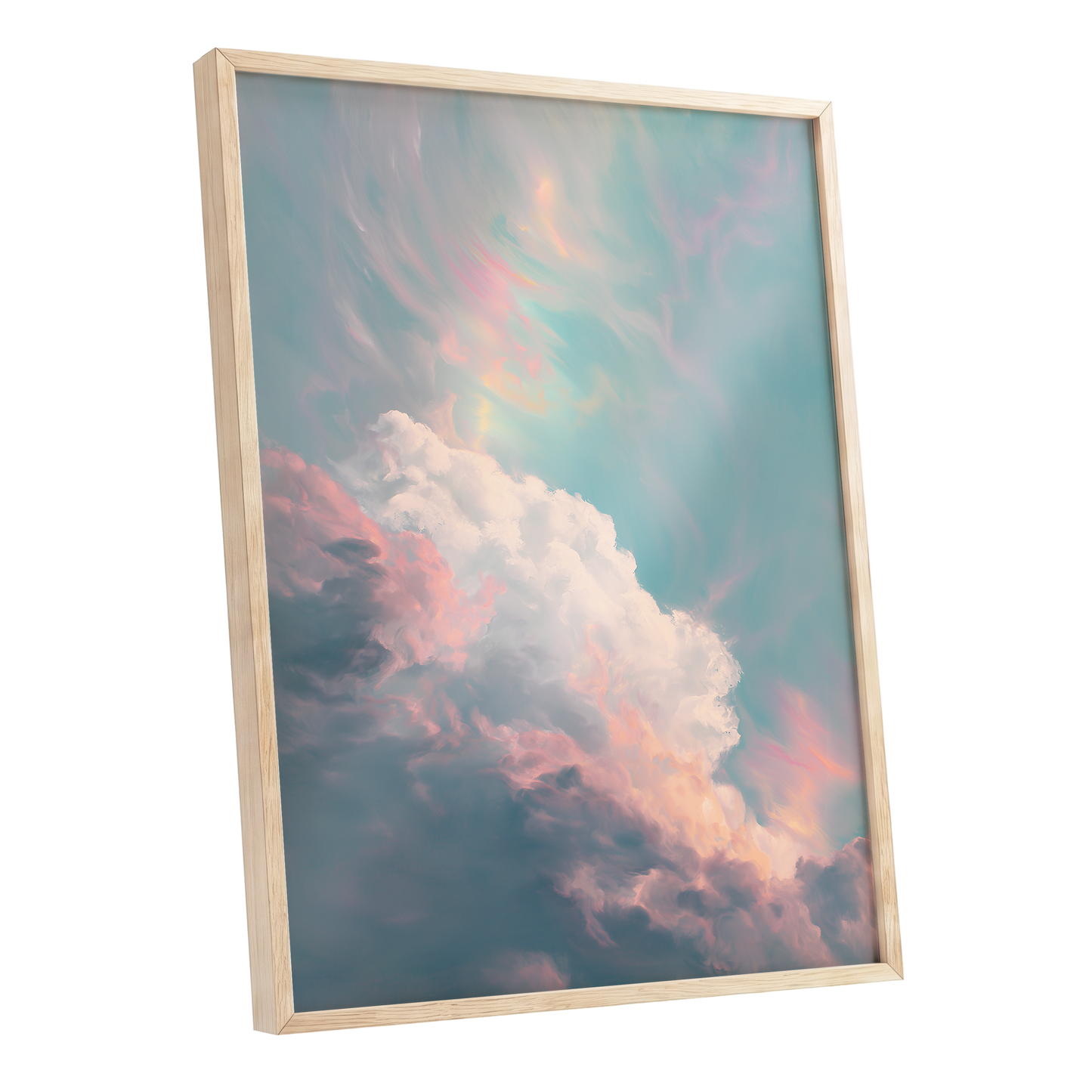 Blush Above the Clouds, blue, pink, white nature wall art shown as a oak framed poster wall art print
