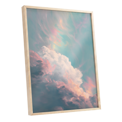 Blush Above the Clouds, blue, pink, white nature wall art shown as a oak framed poster wall art print