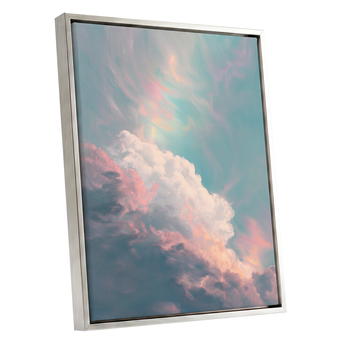 Blush Above the Clouds, blue, pink, white nature wall art shown as a silver framed canvas wall art