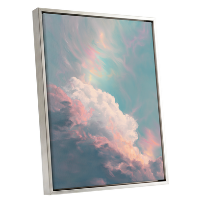 Blush Above the Clouds, blue, pink, white nature wall art shown as a silver framed canvas wall art
