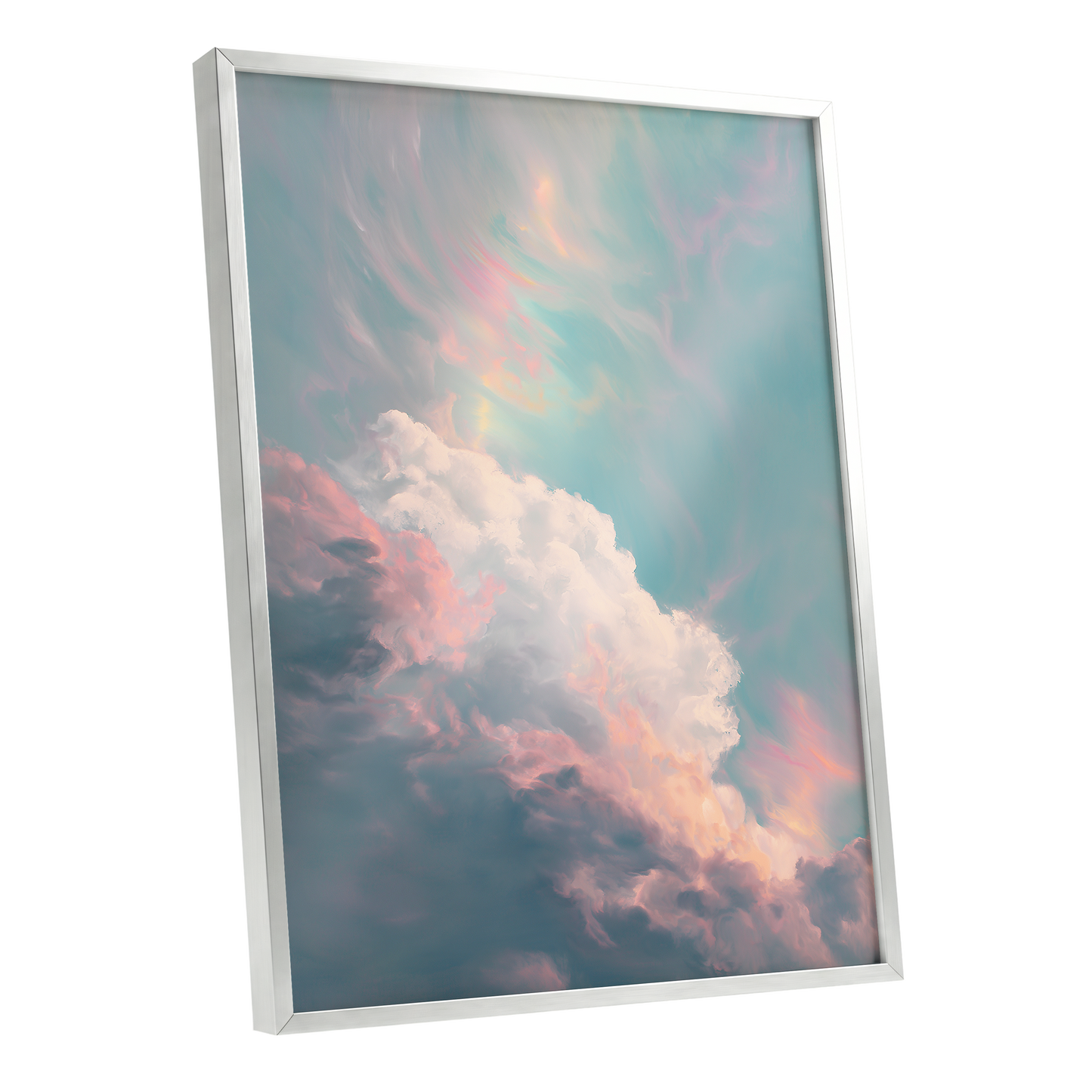 Blush Above the Clouds, blue, pink, white nature wall art shown as a silver framed poster wall art print