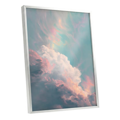 Blush Above the Clouds, blue, pink, white nature wall art shown as a silver framed poster wall art print