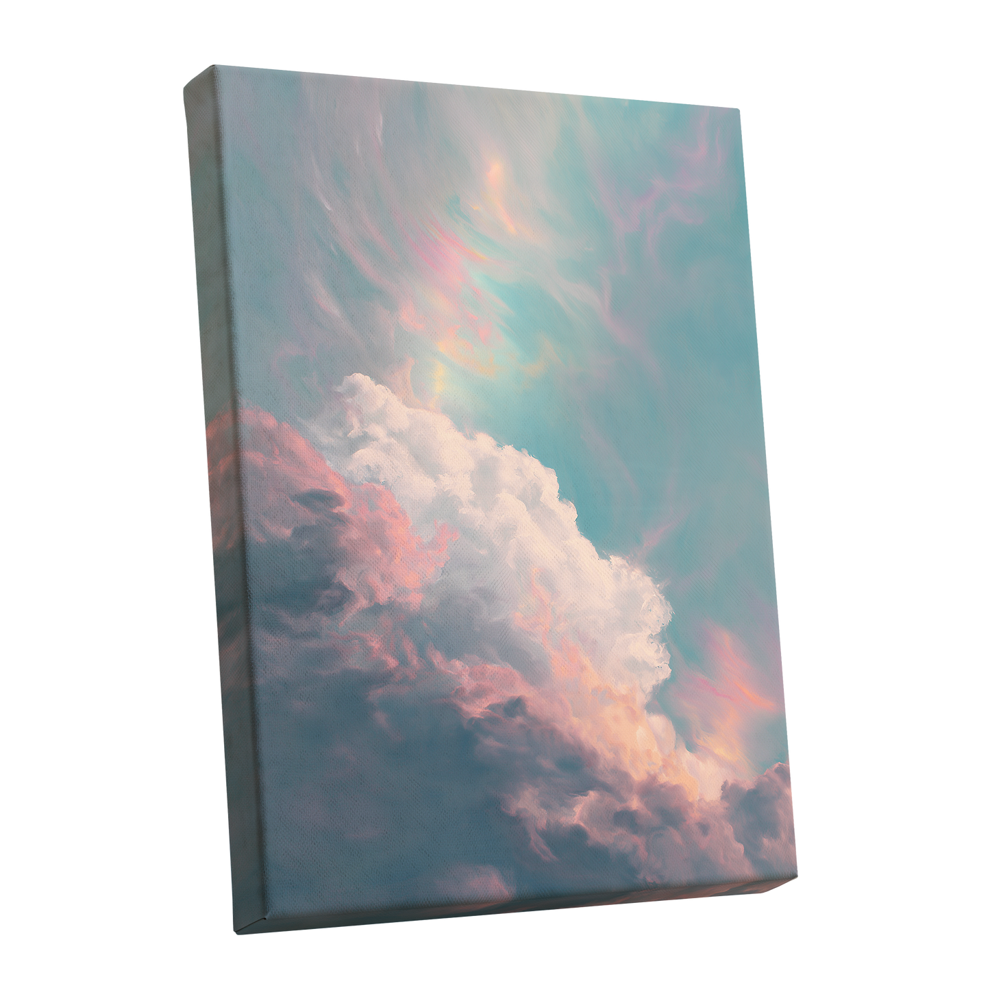 Blush Above the Clouds, blue, pink, white nature wall art shown as a stretched canvas wall art