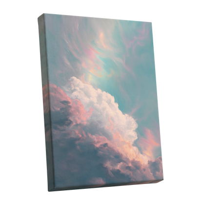 Blush Above the Clouds, blue, pink, white nature wall art shown as a stretched canvas wall art
