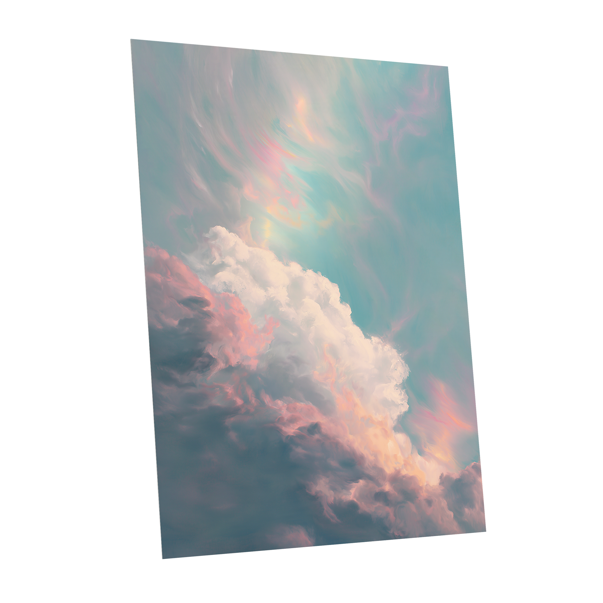 Blush Above the Clouds, blue, pink, white nature wall art shown as a unframed poster wall art print