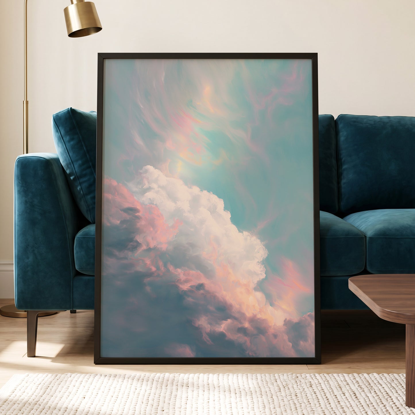 Blush Above the Clouds, blue, pink, white nature wall art displayed in a styled interior, gallery view 2