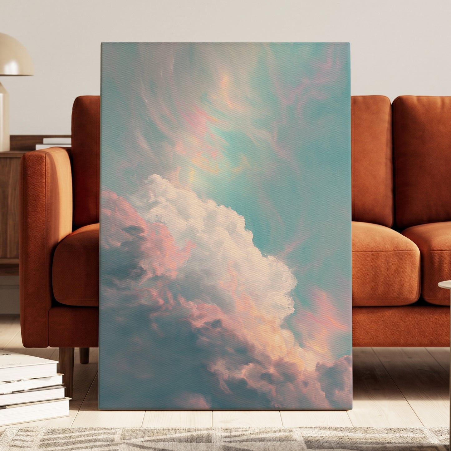 Blush Above the Clouds, blue, pink, white nature wall art displayed in a styled interior, gallery view 3