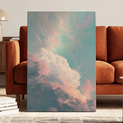 Blush Above the Clouds, blue, pink, white nature wall art displayed in a styled interior, gallery view 3