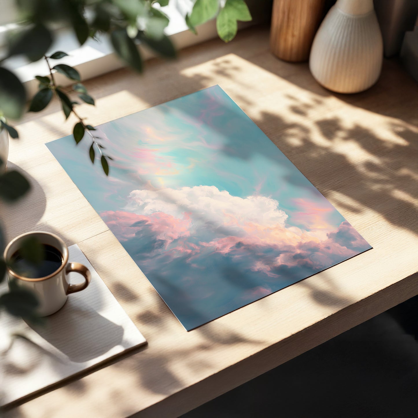 Blush Above the Clouds, blue, pink, white nature wall art displayed in a styled interior, gallery view 5