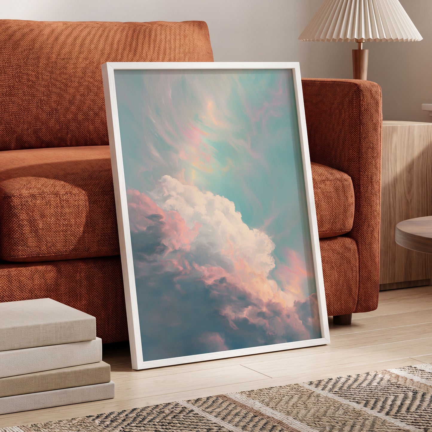Blush Above the Clouds, blue, pink, white nature wall art displayed in a styled interior, gallery view 6