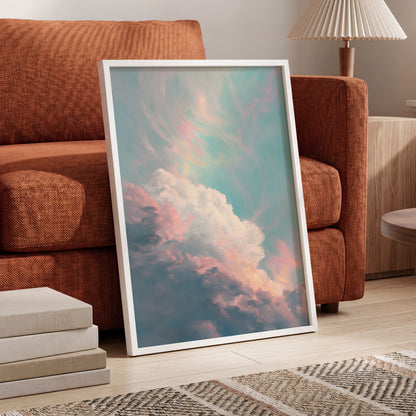 Blush Above the Clouds, blue, pink, white nature wall art displayed in a styled interior, gallery view 6