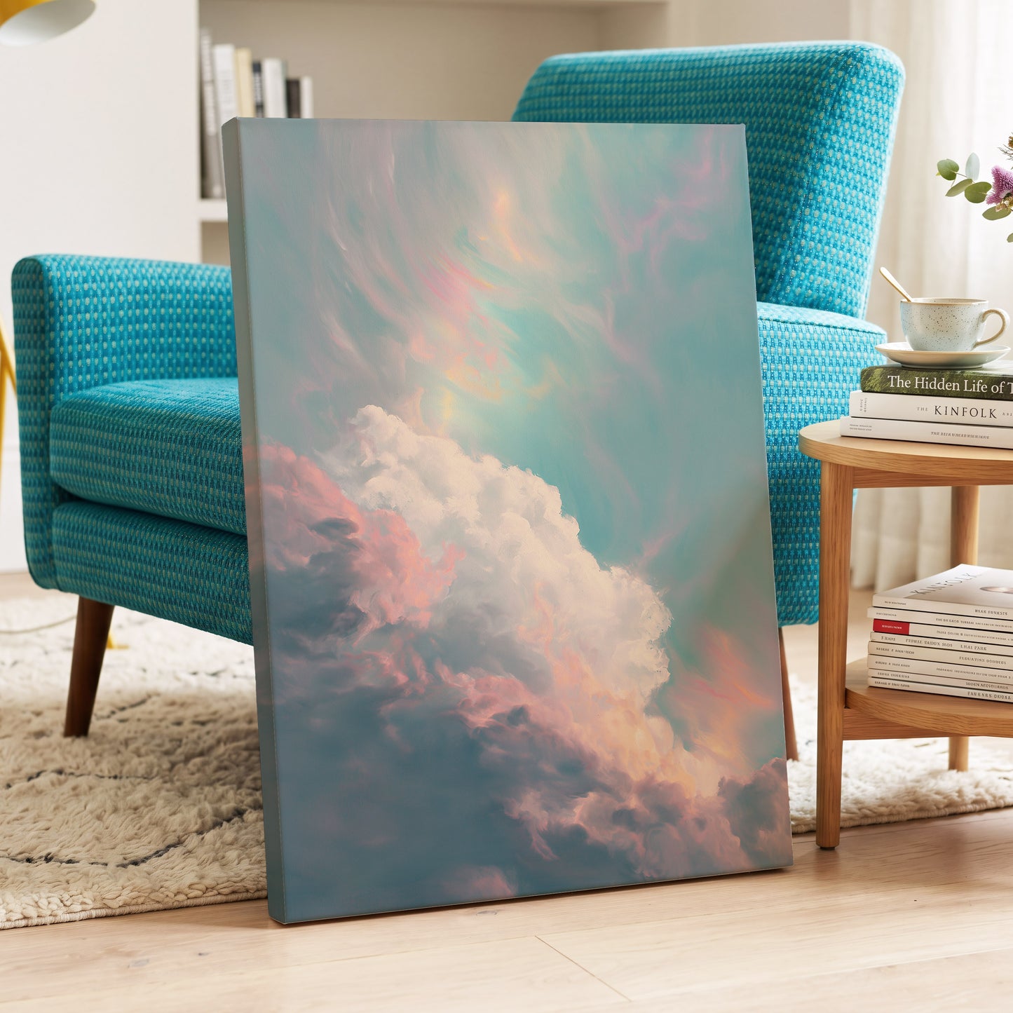 Blush Above the Clouds, blue, pink, white nature wall art displayed in a styled interior, gallery view 7
