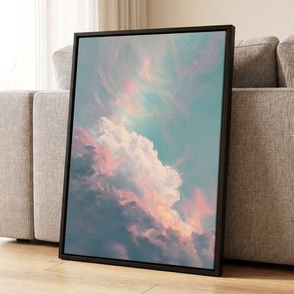 Blush Above the Clouds, blue, pink, white nature wall art displayed in a styled interior, gallery view 8