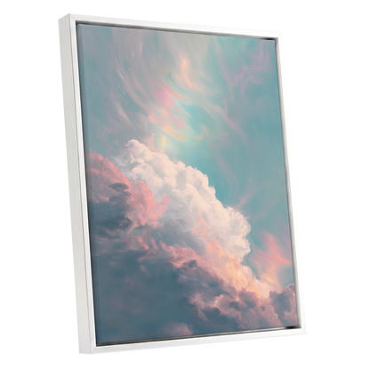 Blush Above the Clouds, blue, pink, white nature wall art shown as a white framed canvas wall art