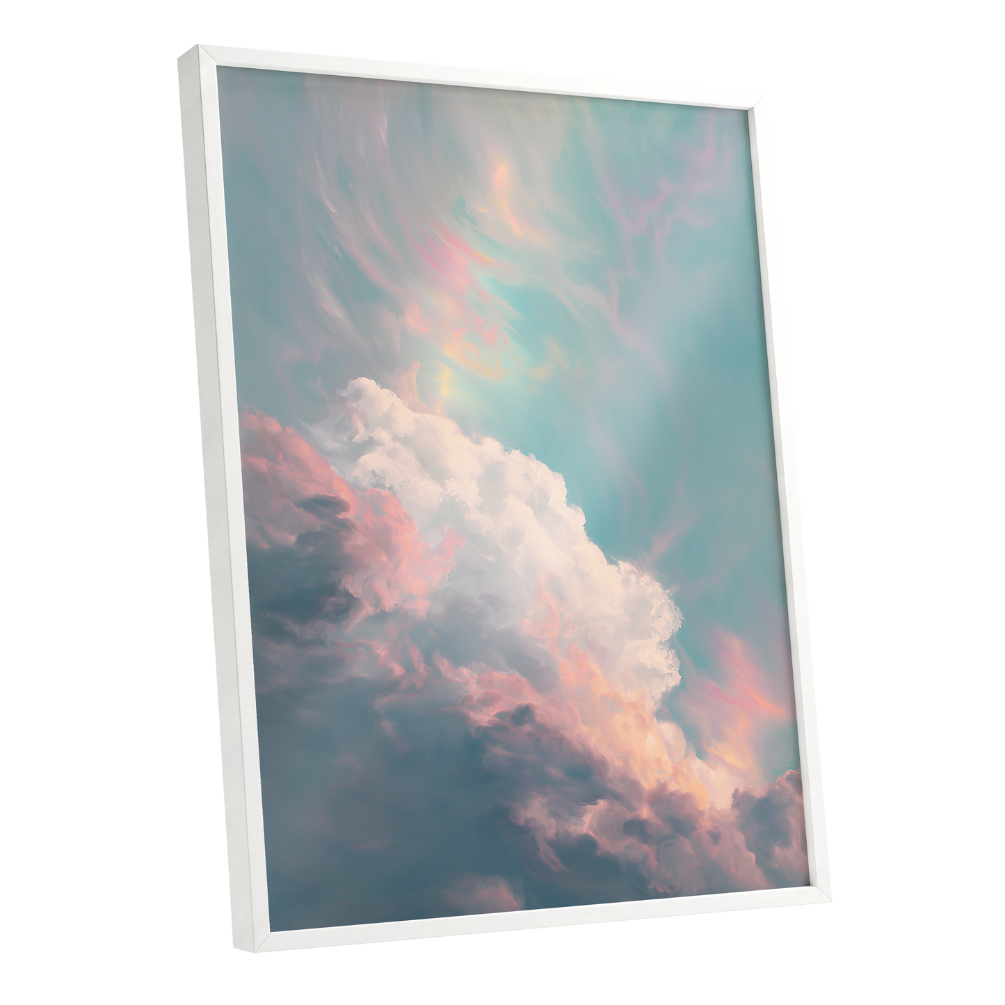 Blush Above the Clouds, blue, pink, white nature wall art shown as a white framed poster wall art print