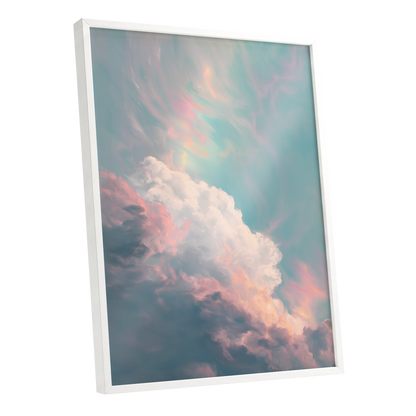 Blush Above the Clouds, blue, pink, white nature wall art shown as a white framed poster wall art print