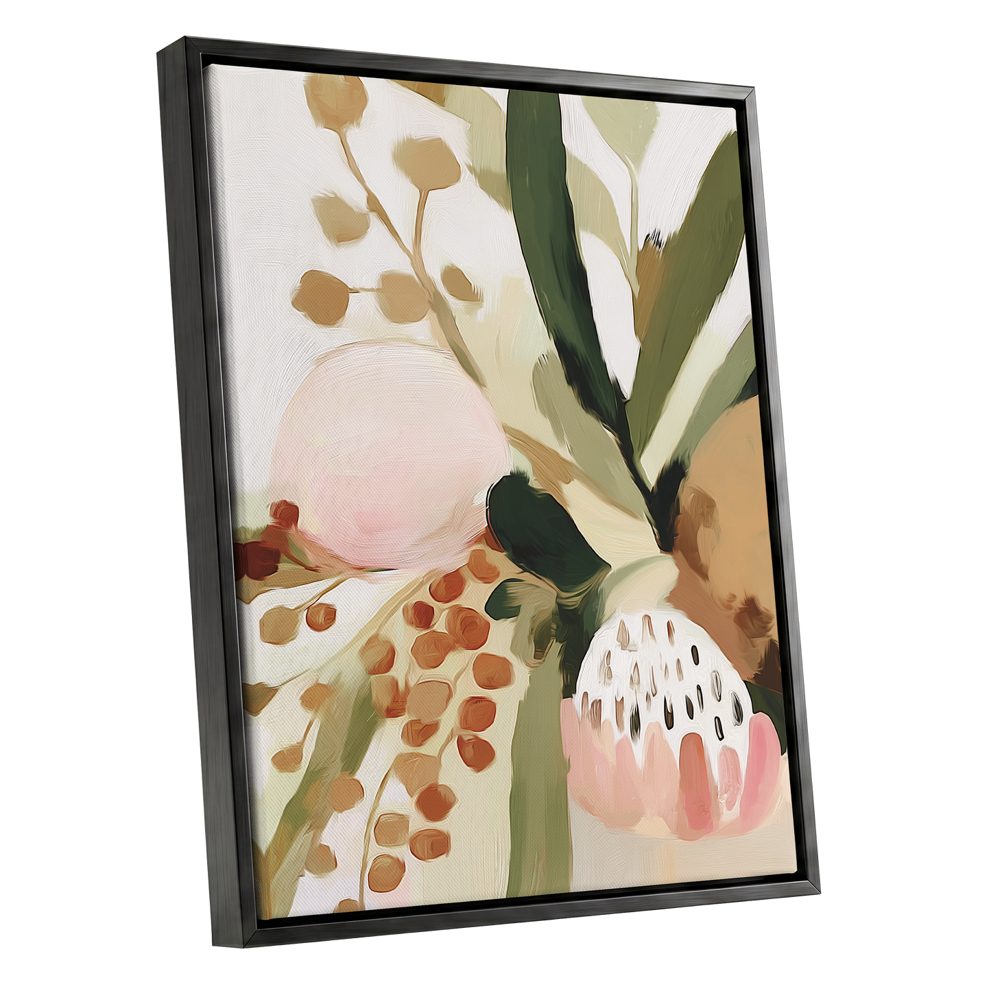 Blush Among Seedpods, green, beige, pink floral wall art shown as a black framed canvas wall art