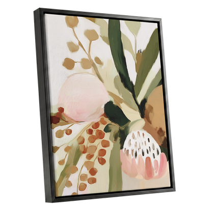 Blush Among Seedpods, green, beige, pink floral wall art shown as a black framed canvas wall art