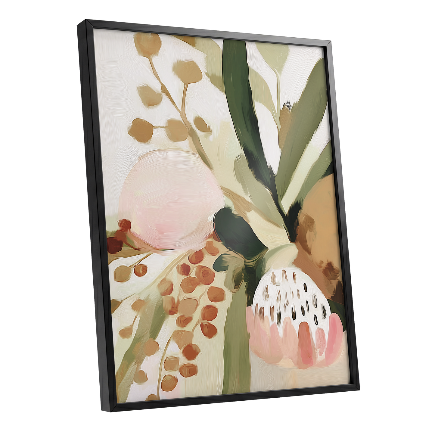 Blush Among Seedpods, green, beige, pink floral wall art shown as a black framed poster wall art print