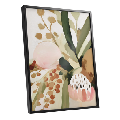 Blush Among Seedpods, green, beige, pink floral wall art shown as a black framed poster wall art print