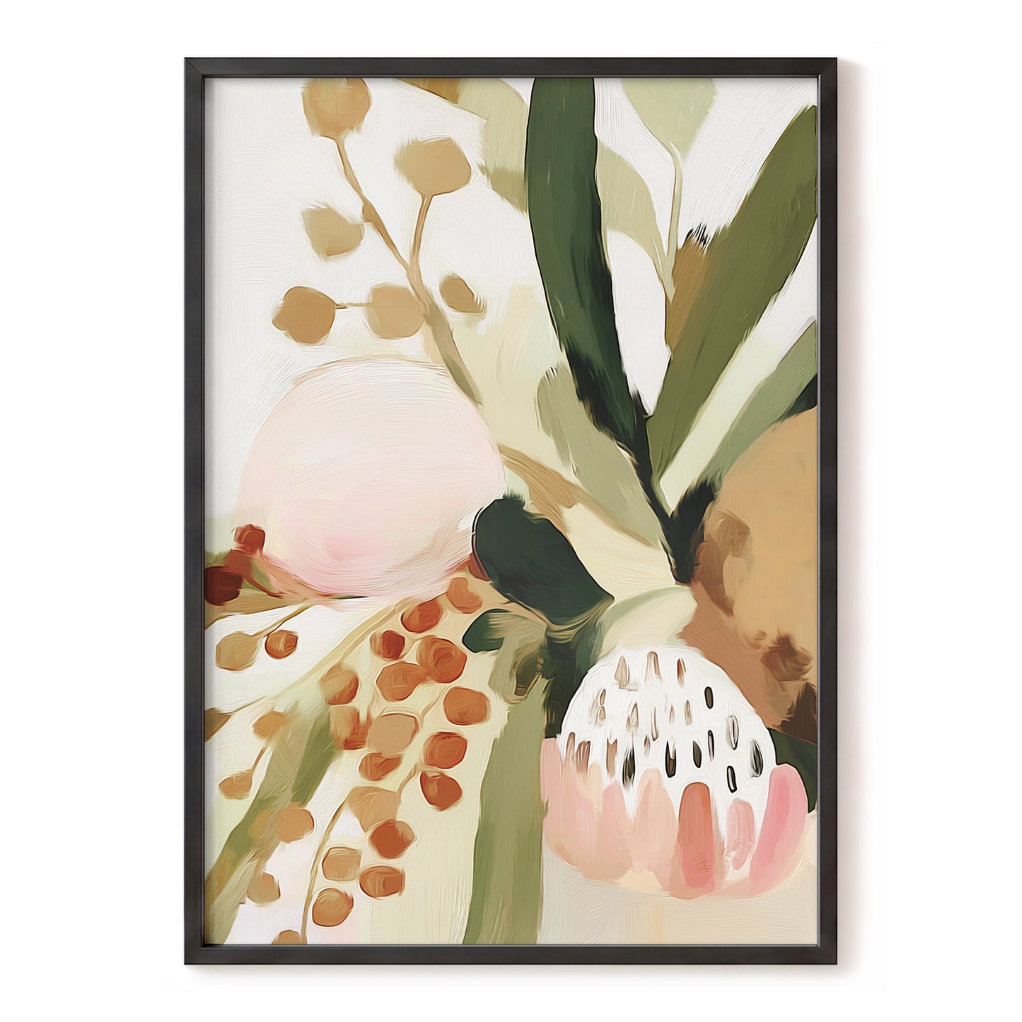 Blush Among Seedpods, green, beige, pink floral wall art, front artwork view