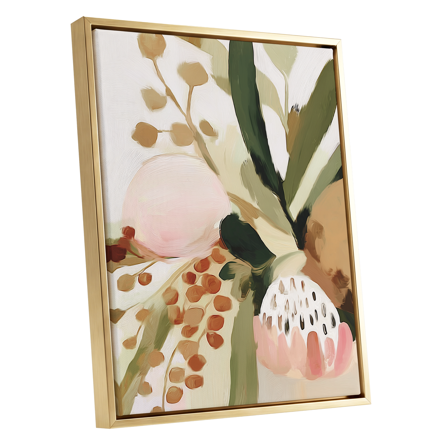 Blush Among Seedpods, green, beige, pink floral wall art shown as a gold framed canvas wall art