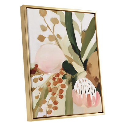 Blush Among Seedpods, green, beige, pink floral wall art shown as a gold framed canvas wall art