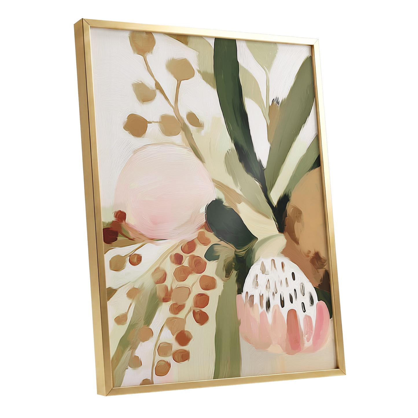 Blush Among Seedpods, green, beige, pink floral wall art shown as a gold framed poster wall art print