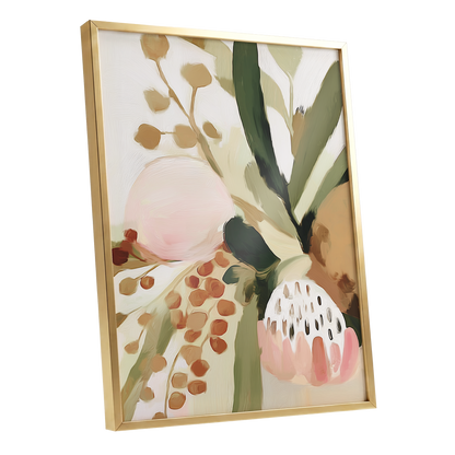 Blush Among Seedpods, green, beige, pink floral wall art shown as a gold framed poster wall art print