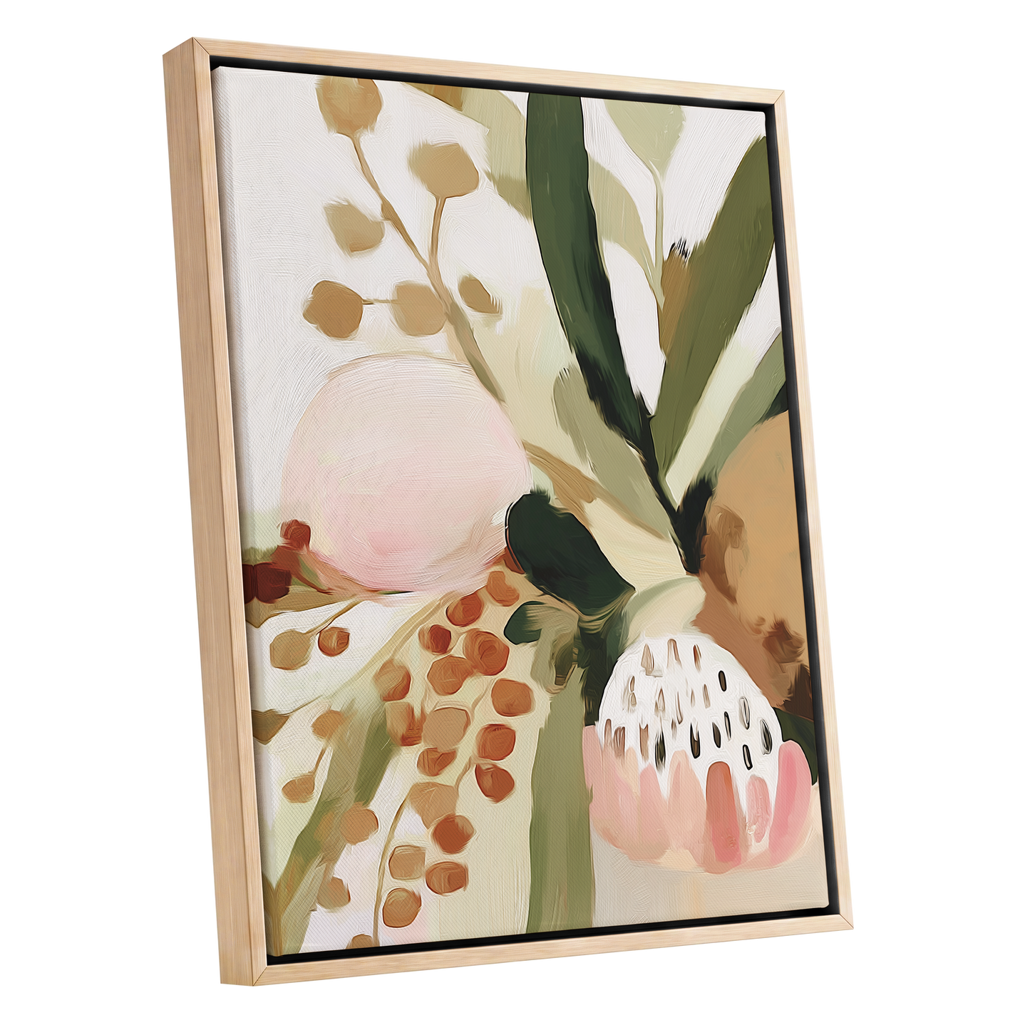 Blush Among Seedpods, green, beige, pink floral wall art shown as a oak framed canvas wall art