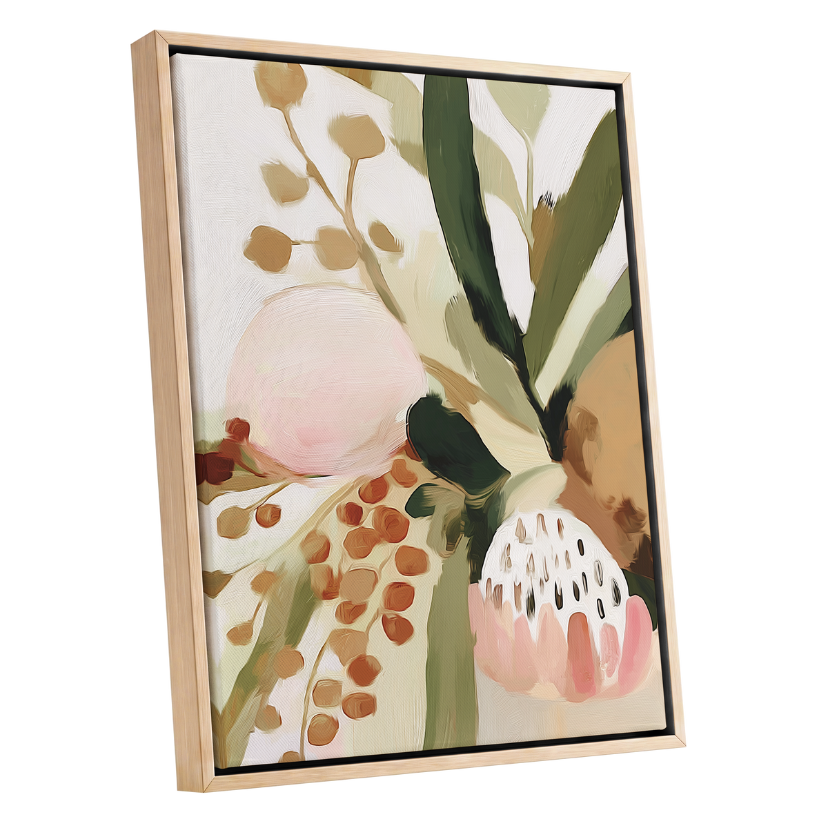 Blush Among Seedpods, green, beige, pink floral wall art shown as a oak framed canvas wall art