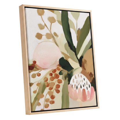 Blush Among Seedpods, green, beige, pink floral wall art shown as a oak framed canvas wall art