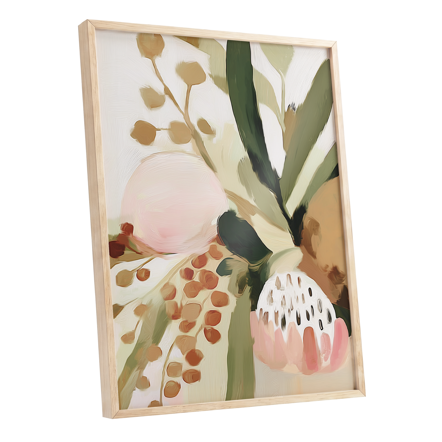 Blush Among Seedpods, green, beige, pink floral wall art shown as a oak framed poster wall art print