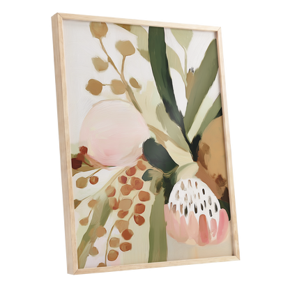 Blush Among Seedpods, green, beige, pink floral wall art shown as a oak framed poster wall art print